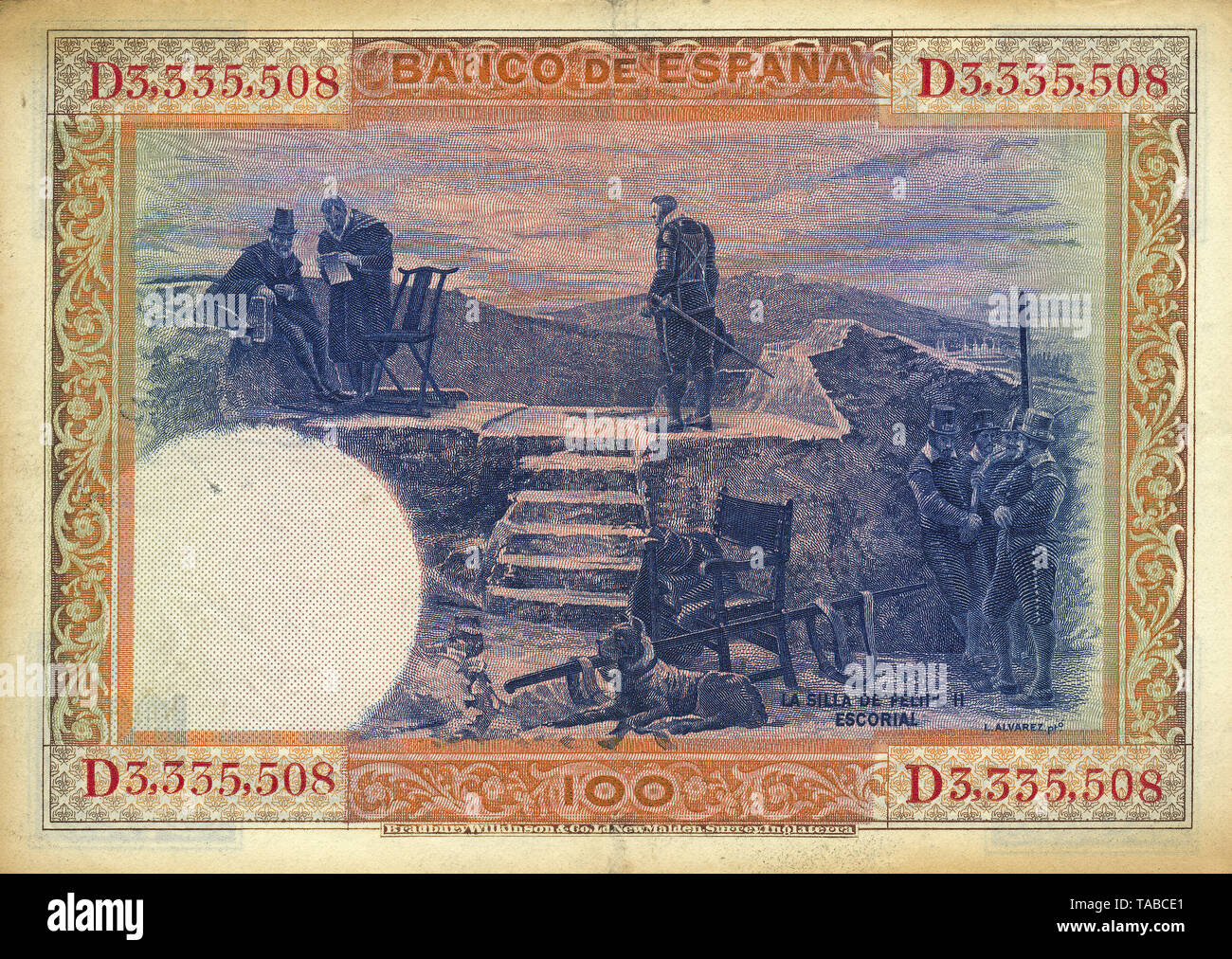 Banknote aus Spanien, 100 Peseten, Philipp II. von Spanien, Silla de Felipe II, El Escorial, 1925 Stockfoto