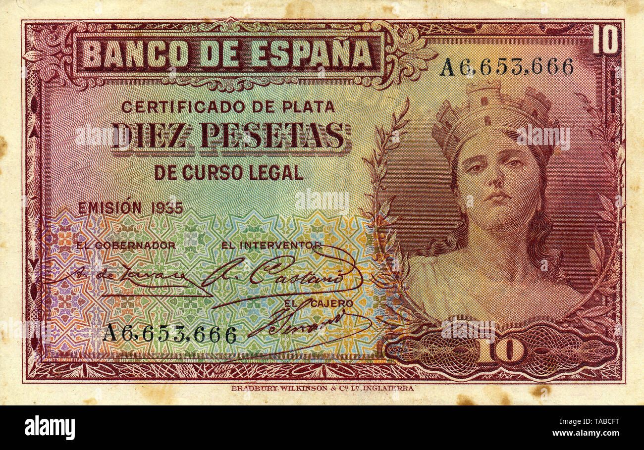 Banknote aus Spanien, 10 Peseten, 1935 Stockfoto