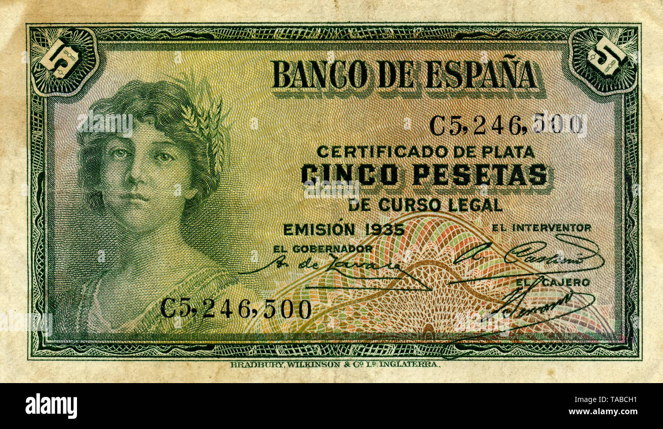 Banknote aus Spanien, 5 Peseten, 1935 Stockfoto