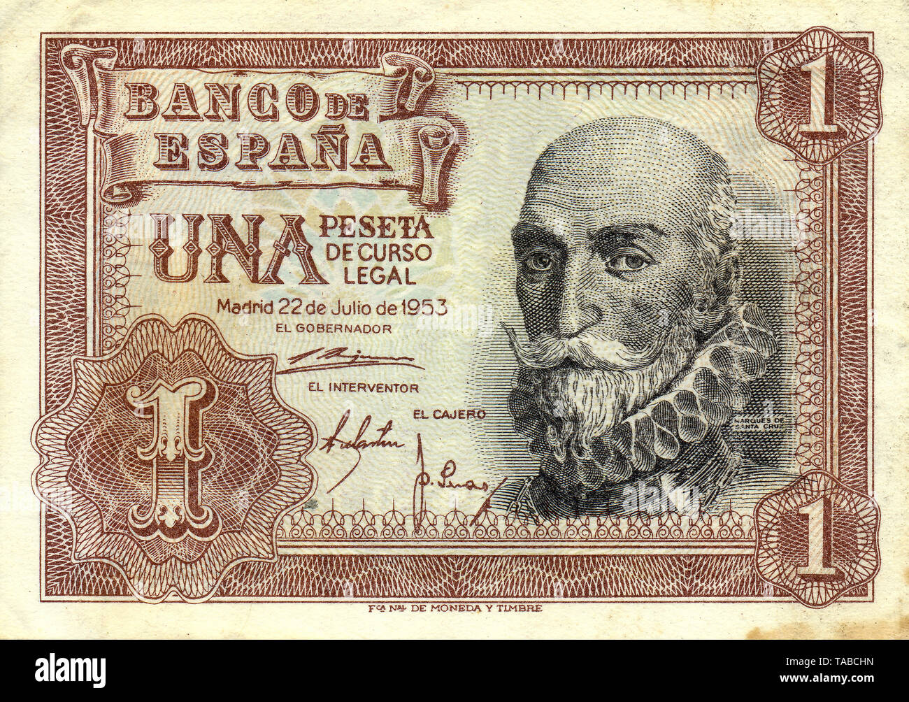 Banknote aus Spanien, 1 Pesete, Alvaro de Bazán, Neuhausen Flottenkommandant (Capitán General de la Mar Océano) und Marqués de Santa Cruz, 1953, Banknote aus Spanien, 1 Peseta, Alvaro de Bazán, spanische Flotte Commander, Capitán General de la Mar Océano und Marqués de Santa Cruz, 1953 Stockfoto