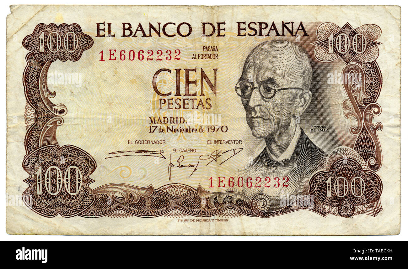 Historische Banknote, Spanien, 10 Peseten, der Spanischer Komponist Manuel María de Falla y Matheu, 1970 Stockfoto
