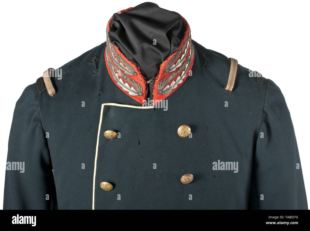 Eine russische uniform Mantel für Offiziere und Generäle der Preobrachensky Life Guard Regiments, um 1910 dunkel-blauen Trikot Tuch, das Bündchen und Kragen Deckschichten mit sehr schönen und gut erhaltenen regimental Stickerei, die Ärmel mit je zwei Tasten der cypher'N II' und der Russischen Doppeladler Lager. Erneut arbeitete in Orte, fünf Tasten sowie die unter Liner ersetzt, leichte Nachtfalter Spuren. Siehe G.E. Wedenskiy, (Tr.) "Fünf Jahrhunderte des Russischen Uniformen", S. 295. historischen, historische, 20. Jahrhundert, Additional-Rights - Clearance-Info - Not-Available Stockfoto