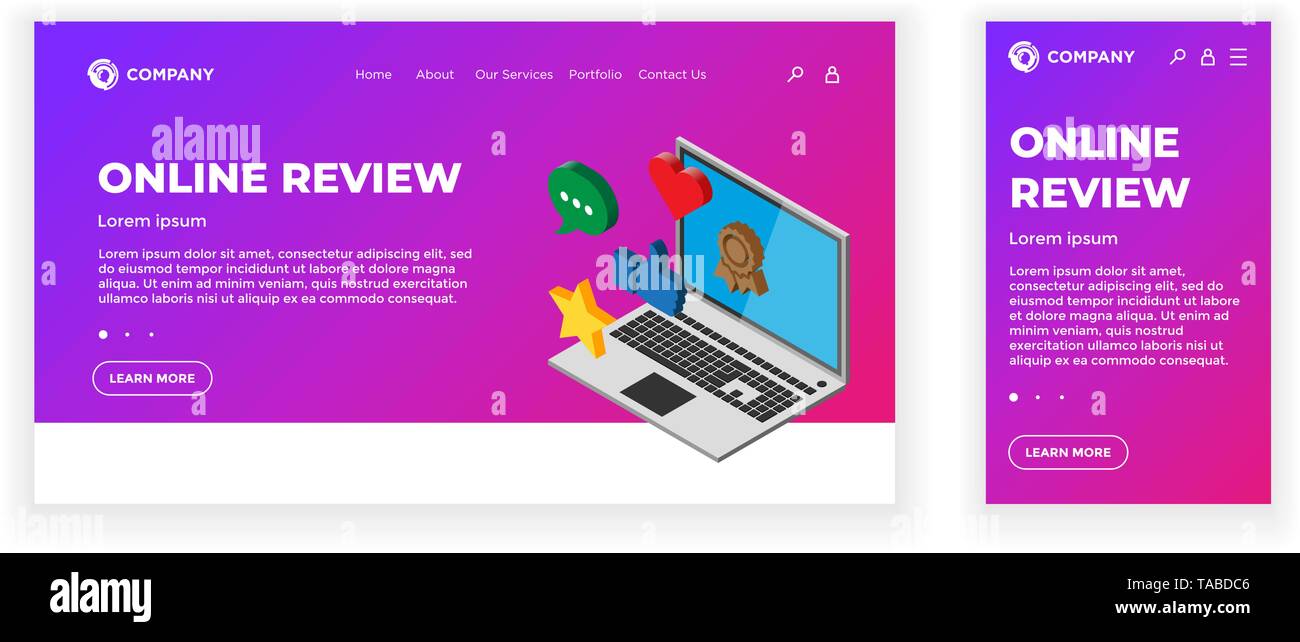 Landung Webseite Konzept Design vorlage. Online Review Theme. Laptop Gerät mit Feedback Rating Zeichen - Daumen hoch, Herz, Nachricht, Stern. Mobile App Stock Vektor