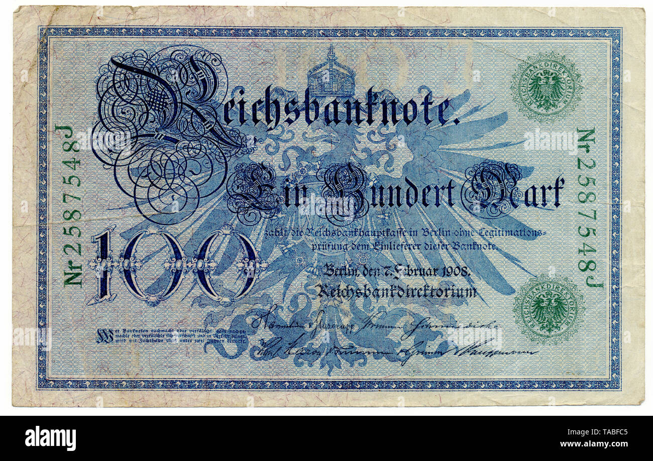 Rückseite der Reichsbank Banknote, Rückseite, Reichsbanknote 100 Mark, 1908, Deutschland, Europa Stockfoto