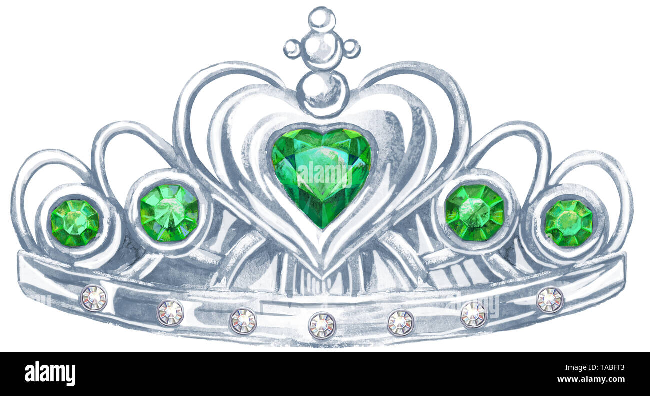 Aquarell silberne Krone mit Edelsteinen Smaragd und fianit Stockfoto