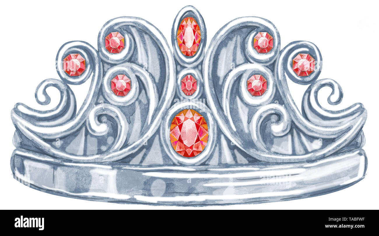 Aquarell silberne Krone mit Edelsteinen Rubin Stockfoto