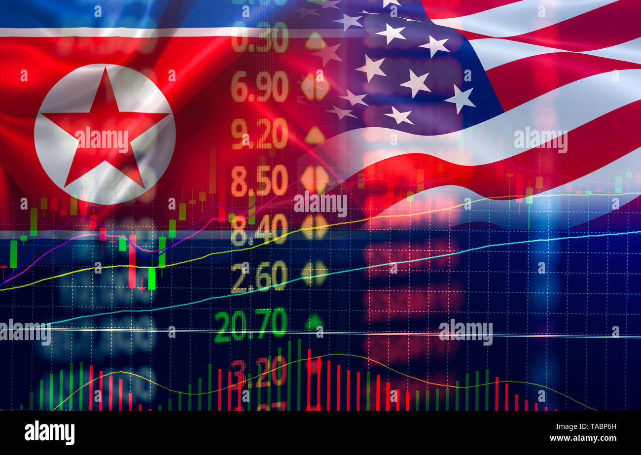Handelskrieg Wirtschaft USA Amerika und Nordkorea Flagge Leuchter Grafik Börse Börse Analyse/Anzeige Handel Grafik Business Finance m Stockfoto