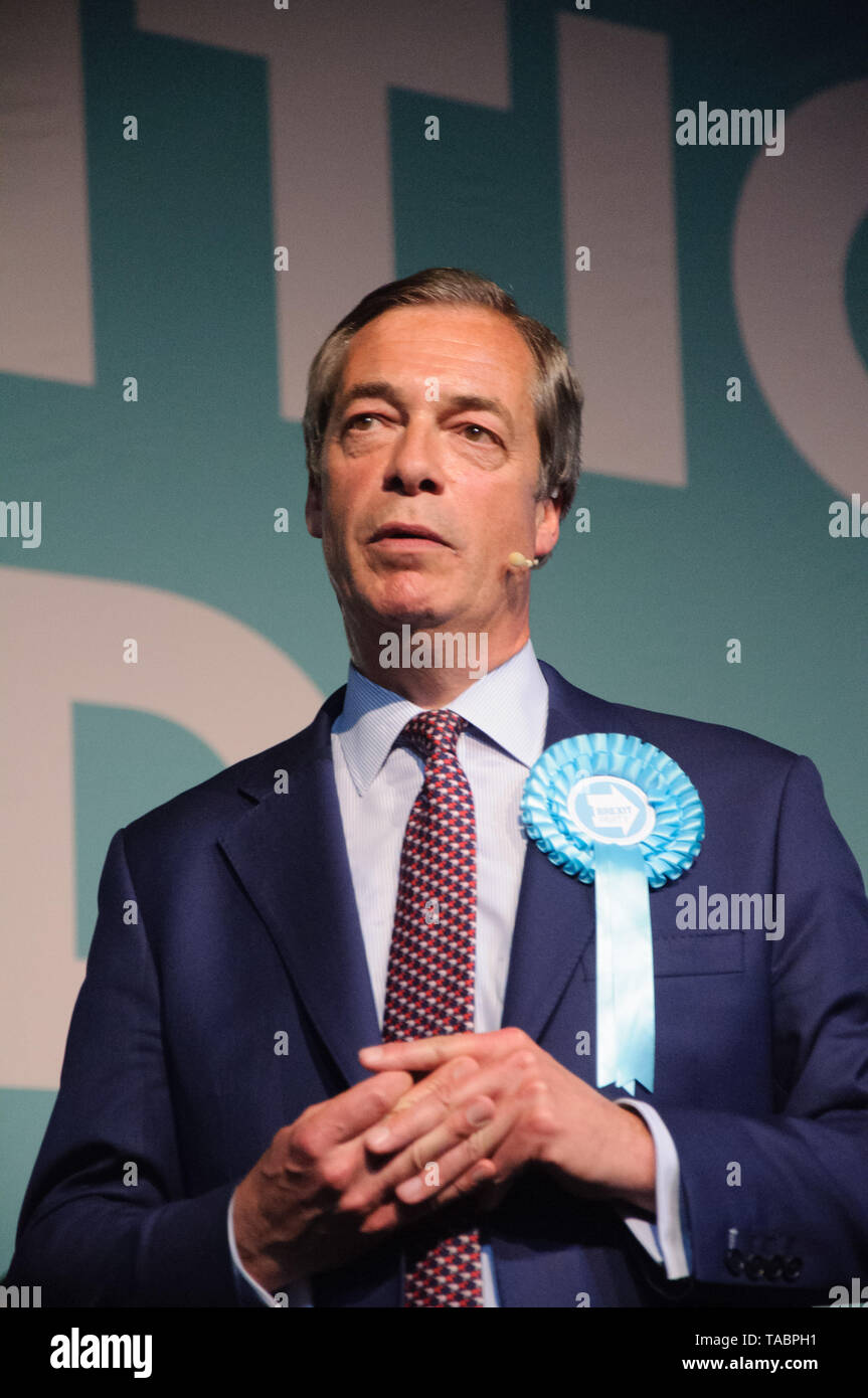 Nigel Farage Adressierung der Brexit Party Rally in London Olympia am 21. Mai 2019 vor den europäischen Wahlen Abstimmung am 23. Mai Stockfoto