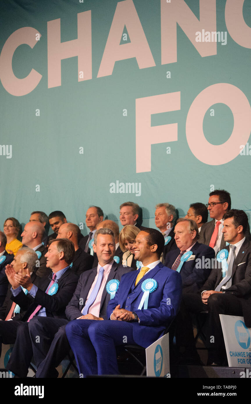 Brexit Kandidaten an der Sammlung in London Olympia am 21. Mai 2019 vor den europäischen Wahlen Abstimmung am 23. Mai Stockfoto