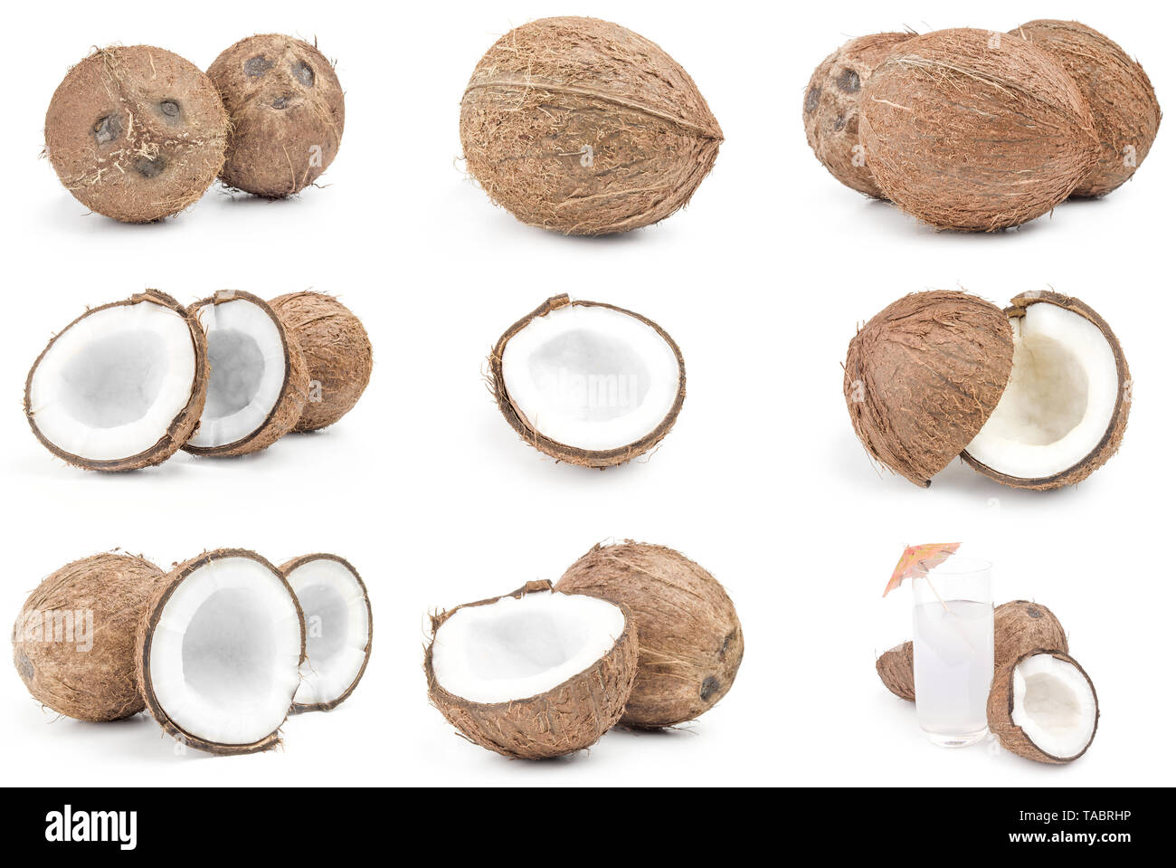 Sammlung von Kokosnuss auf einem weißen Hintergrund Ausschnitt Stockfoto