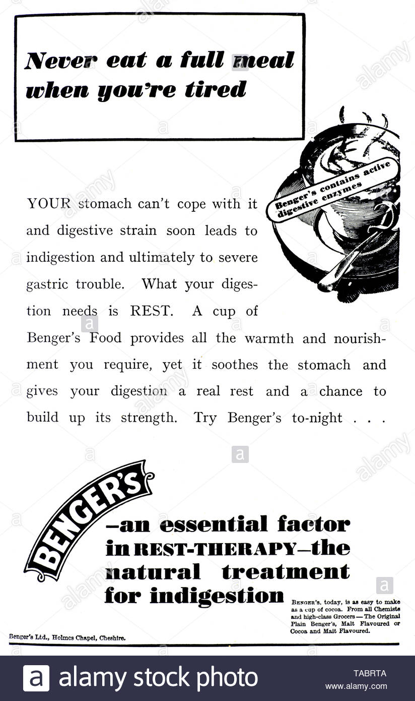 Vintage Werbung für Benger ist Essen und Trinken Getränke von 1945 Stockfoto