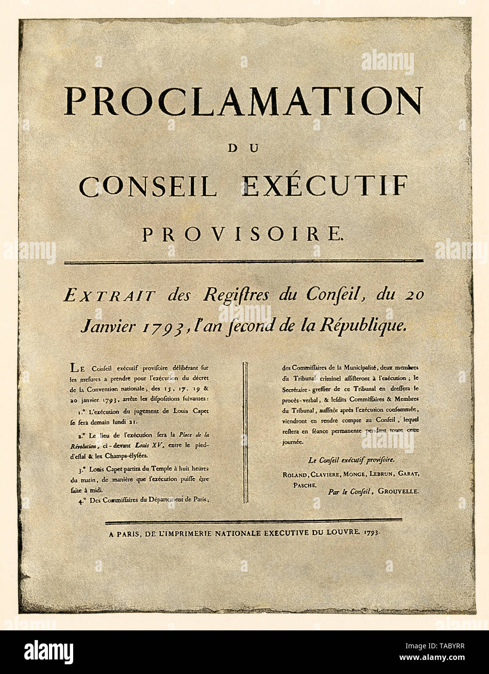 Bekanntgabe der Reihenfolge der Ausführung von Louis XVI., Französische Revolution, 1793. Halftone mit einem Aquarell waschen Stockfoto