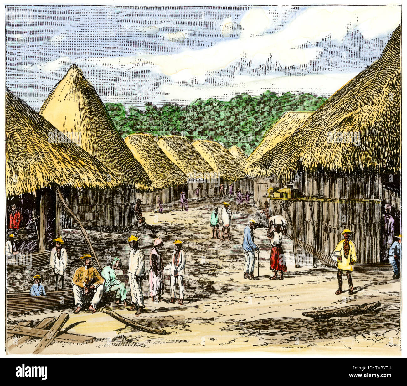Native paraguayischen Dorf, 1800. Hand - farbige Holzschnitt Stockfoto