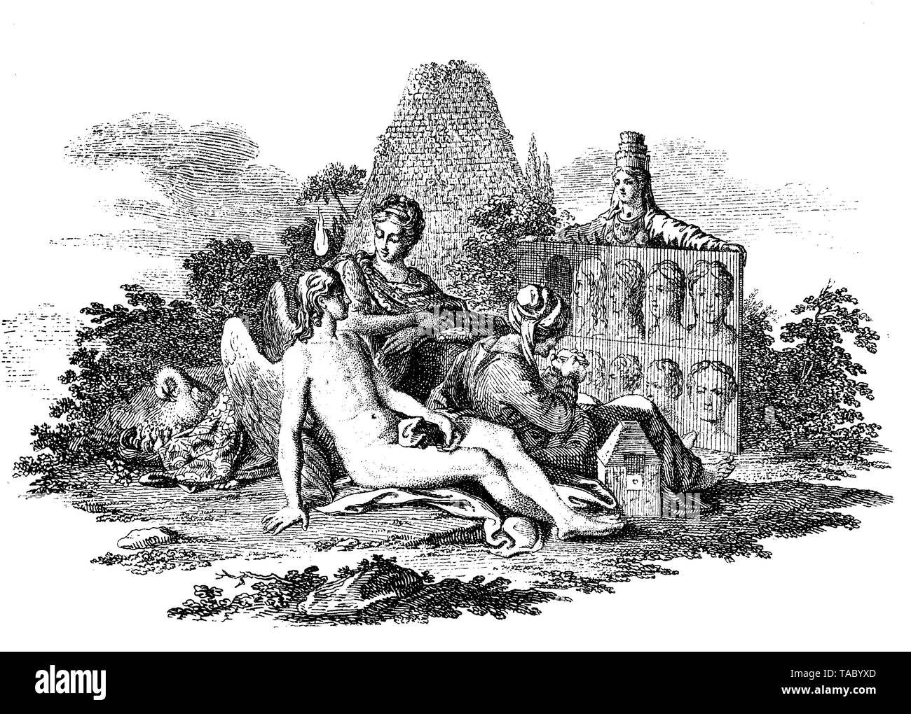 Kupferstich von Daniel Chodowiecki, Vignette als Kapitel Dekoration über Kunst und Kultur in der ganzen Geschichte. Stockfoto