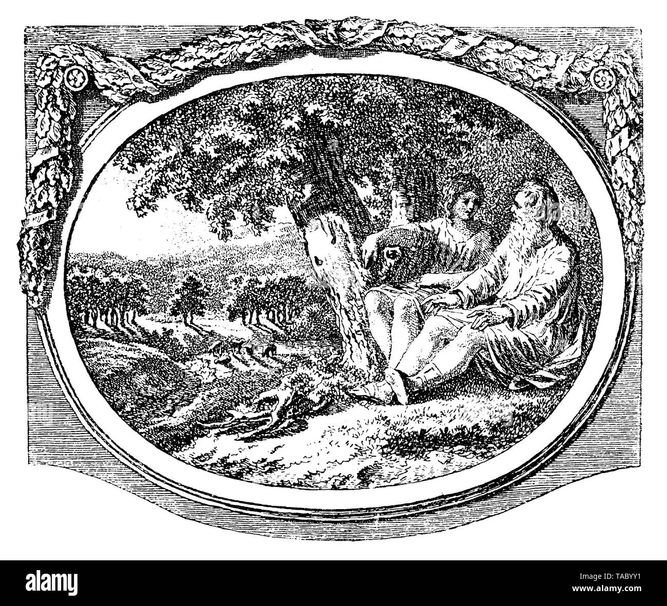 Pastorale Szene mit einem alten Mann und eine junge Frau wie zwei griechische Götter sitzen unter dem Schatten eines Baumes, Kapitel Dekoration von Salomon Gessner 18. Stockfoto