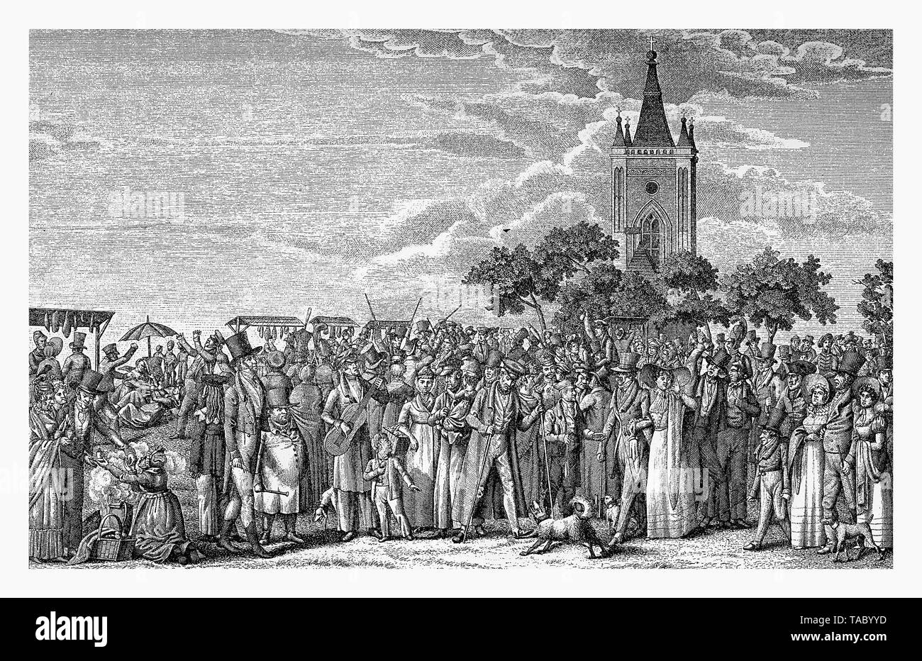 Vom 24. August eines jeden Jahres das Quartal Stralau von Berlin feiert für eine Woche die Eröffnung der Angelsaison, Gravur 1830 Stockfoto