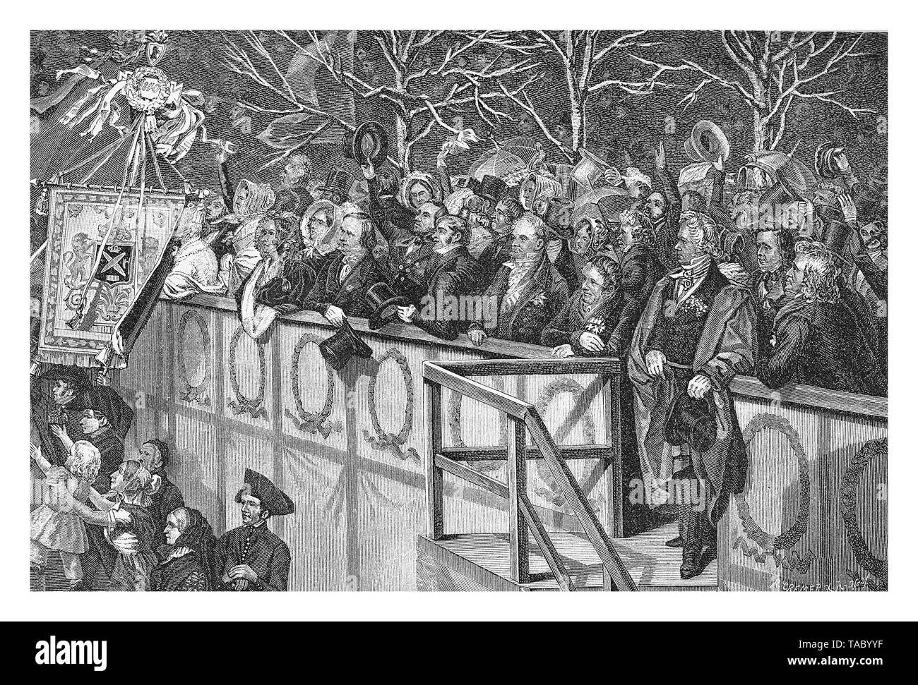 Offizielle Galerie für die Hommage an Friedrich Wilhelm IV. von Preußen in einer öffentlichen Zeremonie in Berlin, 15. Oktober 1840 Stockfoto