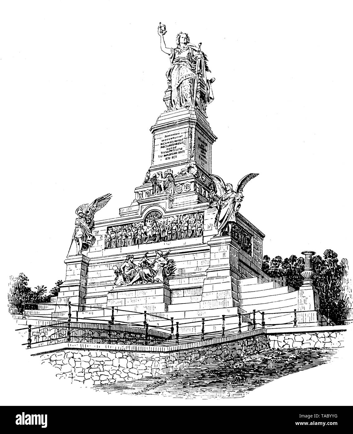 Die Berliner Niederwalddenkmal momument in 1870-1880 gebaut, erinnert an die Vereinigung Deutschlands und die Gründung des Deutschen Reiches von 1871. Die zentrale Figur ist eine Bronzestatue des Germania Stockfoto