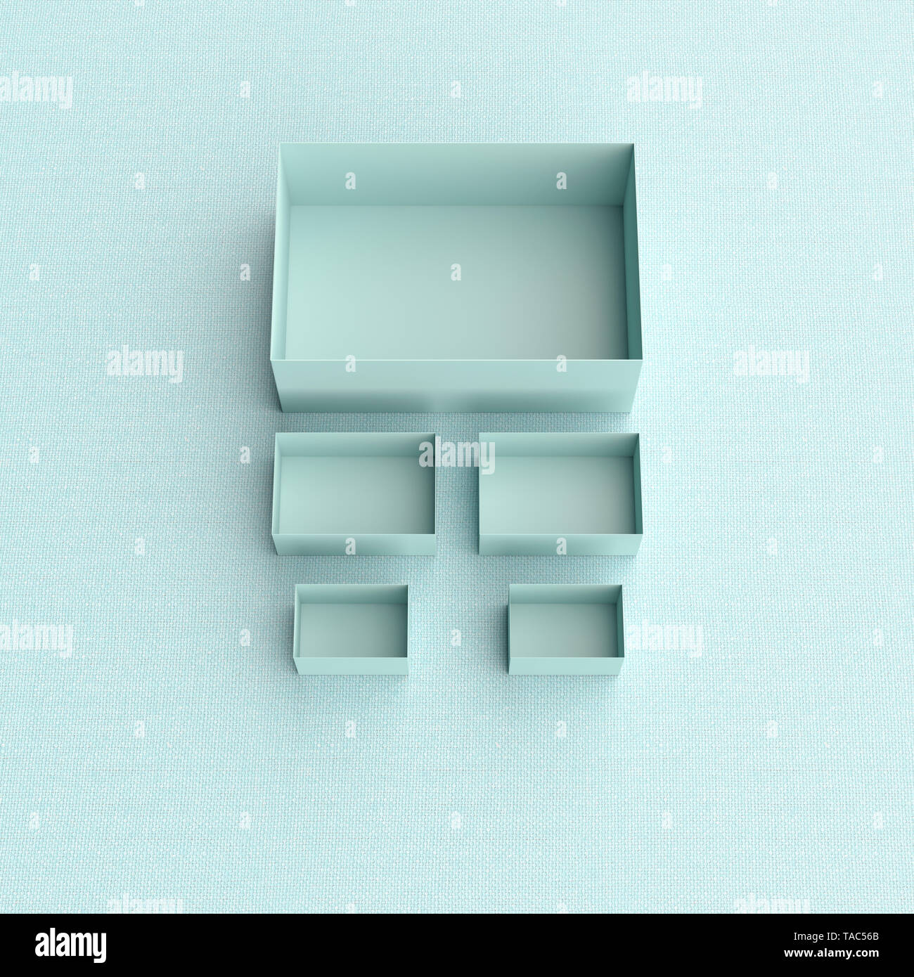 3D-Rendering, blauen Boxen in verschiedenen Größen auf blauem Hintergrund Stockfoto