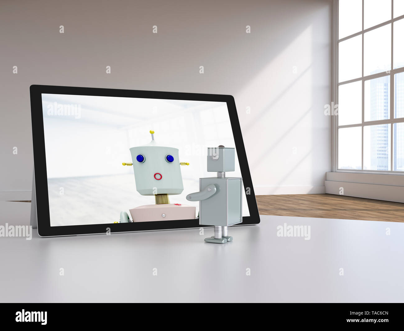 3D-Rendering, Roboter Paar in ein Video in der modernen Loft chat Stockfoto
