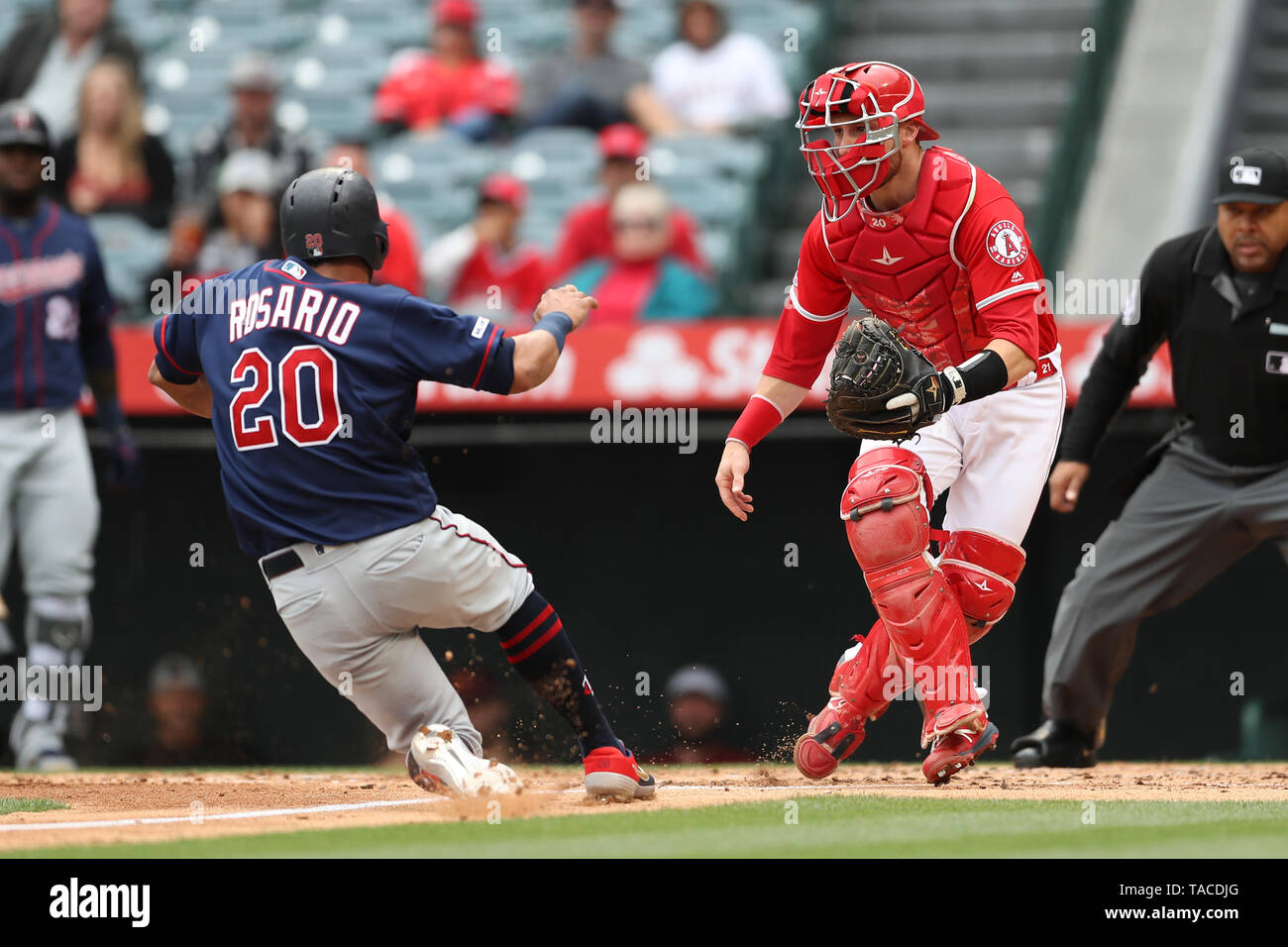 Anaheim, Kalifornien, USA. 23. Mai 2019. Minnesota Twins linken Feldspieler Eddie Rosario (20.), schlägt den Home werfen nach Los Angeles Angels catcher Jonathan Lucroy (20) Für einen Durchlauf während des Spiels zwischen der Minnesota Twins und der Präfektur Aichi im Angel Stadium in Anaheim, CA, (Foto von Peter Joneleit, Cal Sport Media) Credit: Cal Sport Media/Alamy Leben Nachrichten gezählt Stockfoto