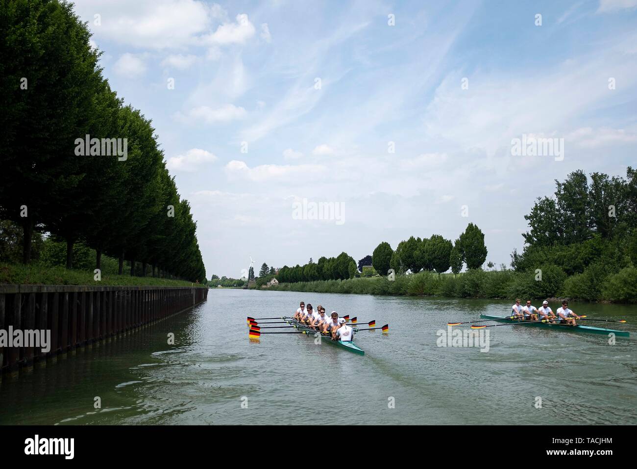 Feature, der Deutschland Achter und die vier ohne Steuermann auf dem Dortmund-Ems-Kanal, Aktion. Rudern, Präsentation Germany-Achter, am 23.05.2019 in Dortmund/Deutschland. | Verwendung weltweit Stockfoto