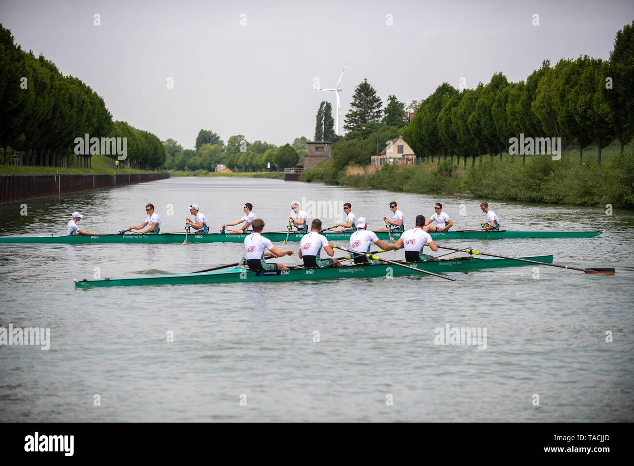 Feature, der Deutschland Achter und die vier - Mann ohne Steuermann auf dem Dortmund-Ems-Kanal Rudern, Praesentation Germany-Achter, am 23.05.2019 in Dortmund/Deutschland. | Verwendung weltweit Stockfoto