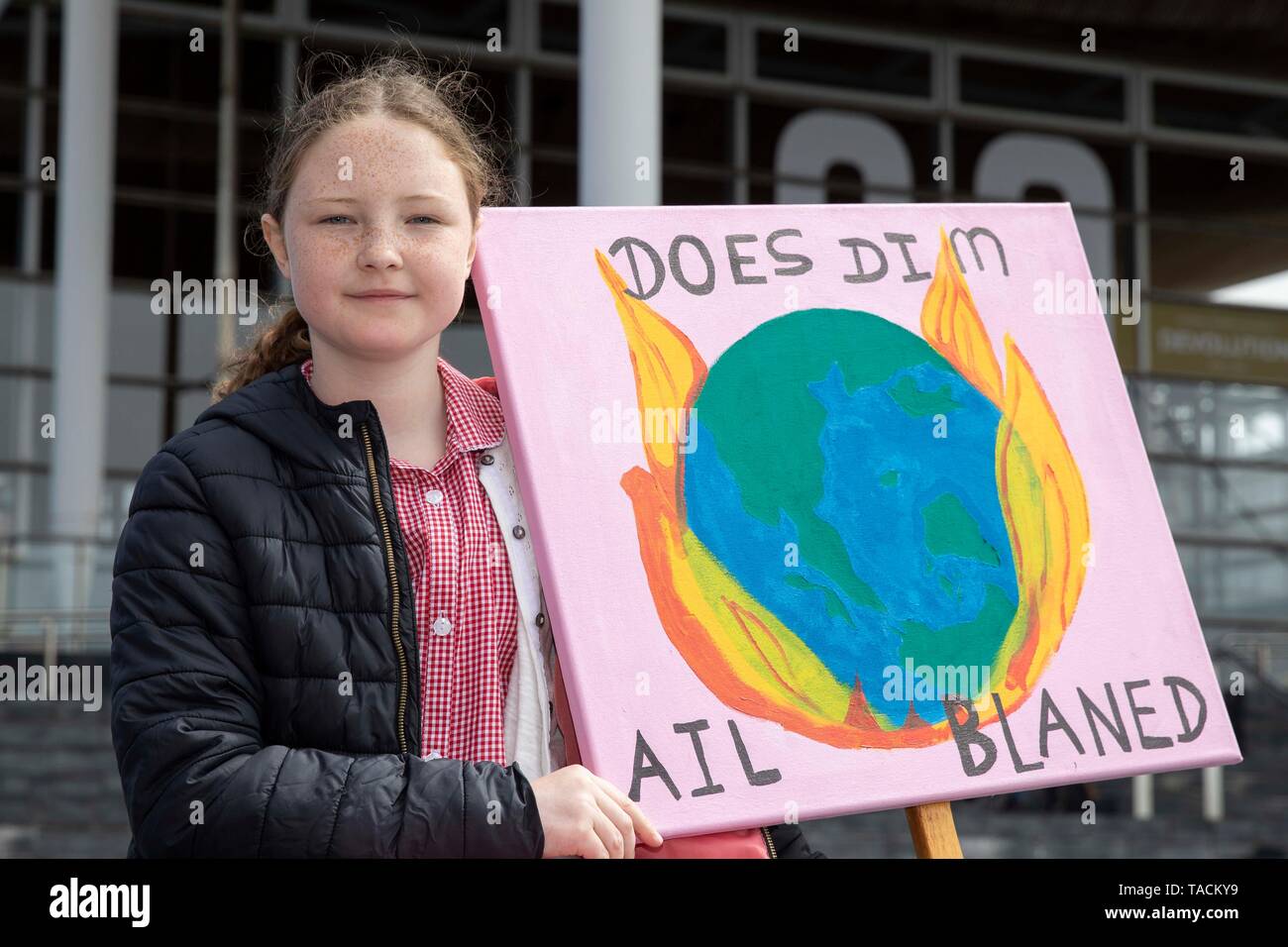 Cardiff, Wales, UK, 24. Mai 2019. Cadi Evans, 10, aus Pontypridd, zeigt Ihr Zeichen, sagt: "Es gibt keine zweite Planet" in Waliser während der cardiff Jugend Streik für klimapolitische Maßnahmen außerhalb der Nationalversammlung für Wales Senedd Gebäude, Teil der neuesten Global School Klima Streiks, von denen erwartet wird, dass das bislang größte zu sein. Credit: Mark Hawkins/Alamy leben Nachrichten Stockfoto