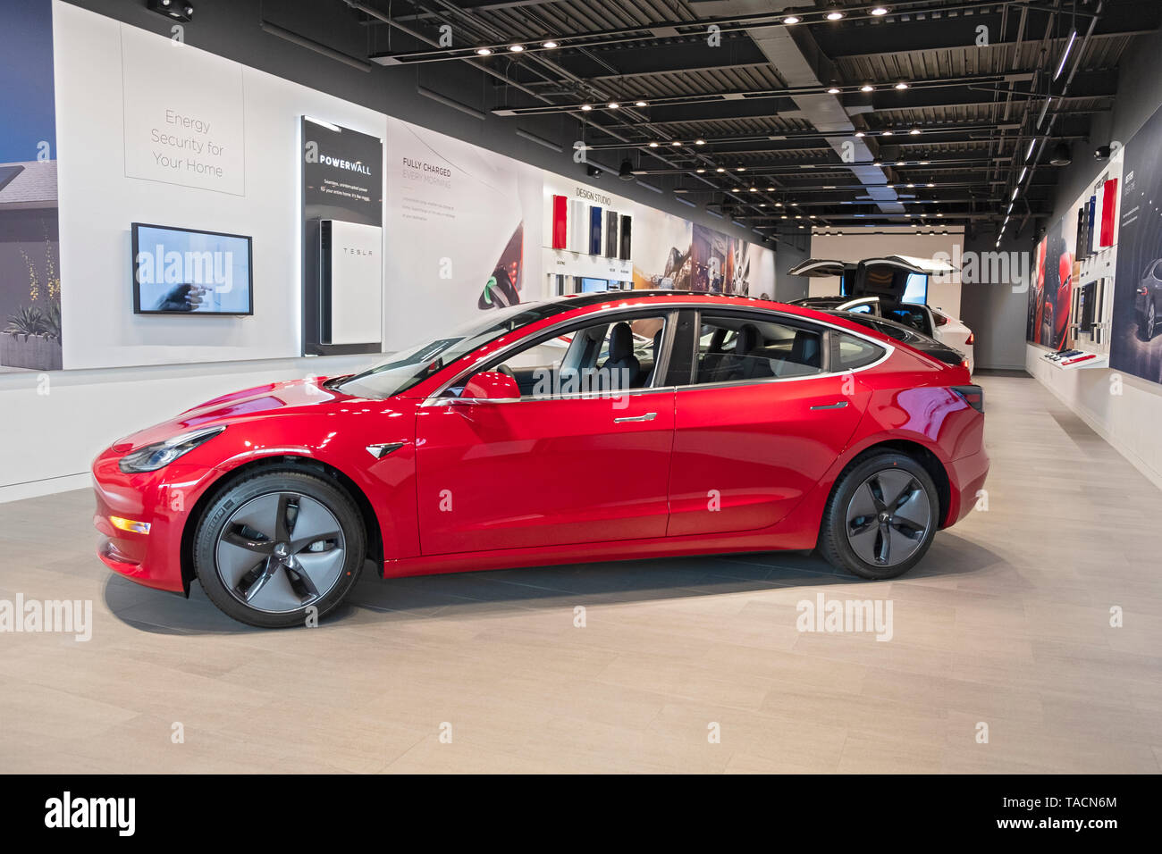 Das Innere eines Tesla Showroom innerhalb des Walt Whitman Mall in South Huntington, Long Island, New York Stockfoto