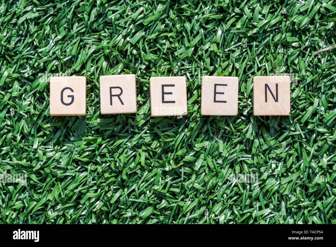 Grüne Wort mit Holz Buchstaben auf Kunstrasen im Sonnenlicht Stockfoto