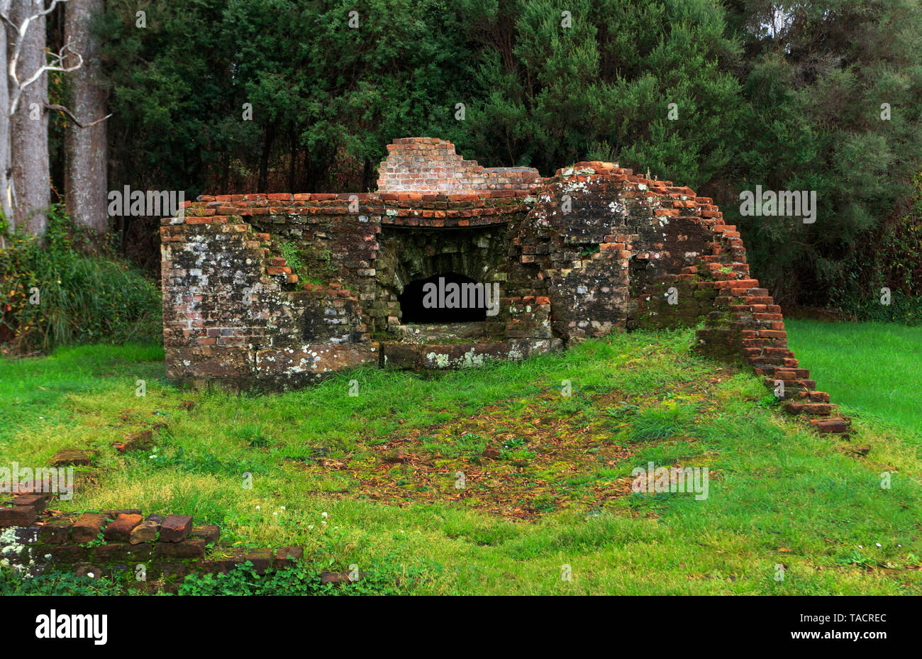 Ruinen der Backstube Ofen bei Sarah Island überführen Strafkolonie auf Macquarie Hafen in der Nähe Strahan liegt an der Westküste von Tasmanien, Australien. Stockfoto