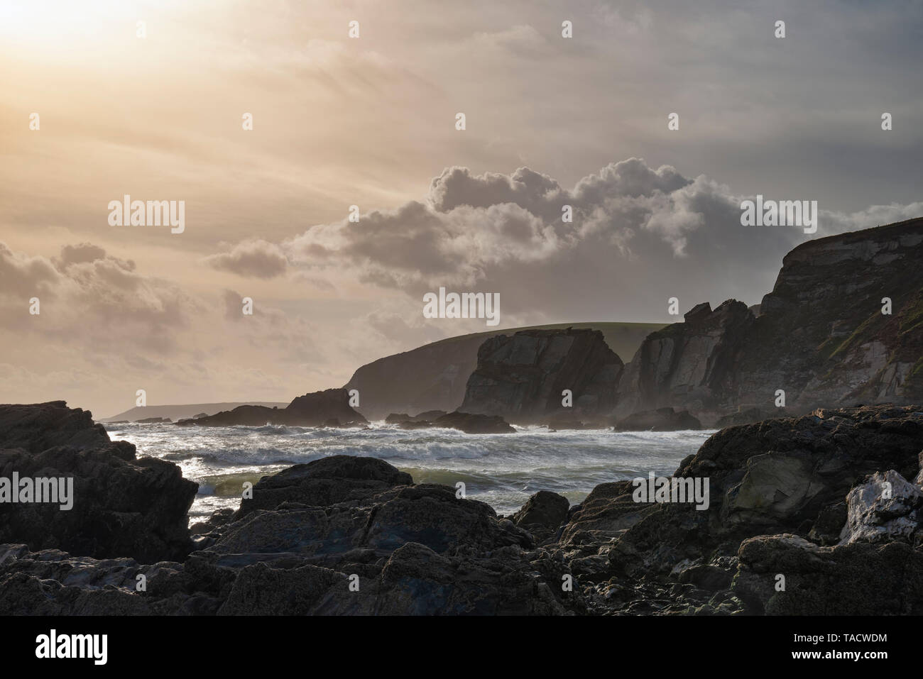 Schönen Abend Frühling Landschaft Bild von Ayrmer Bucht an der Küste von Devon in England Stockfoto