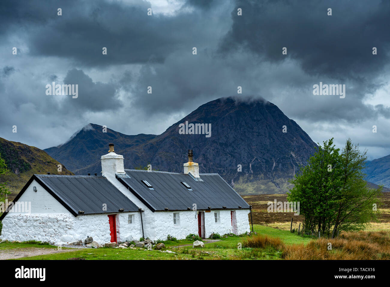 Black Rock Cottage, Glencoe, Lochaber, Schottland mit dem Berg Buachaille Etive Mor, im Hintergrund Stockfoto