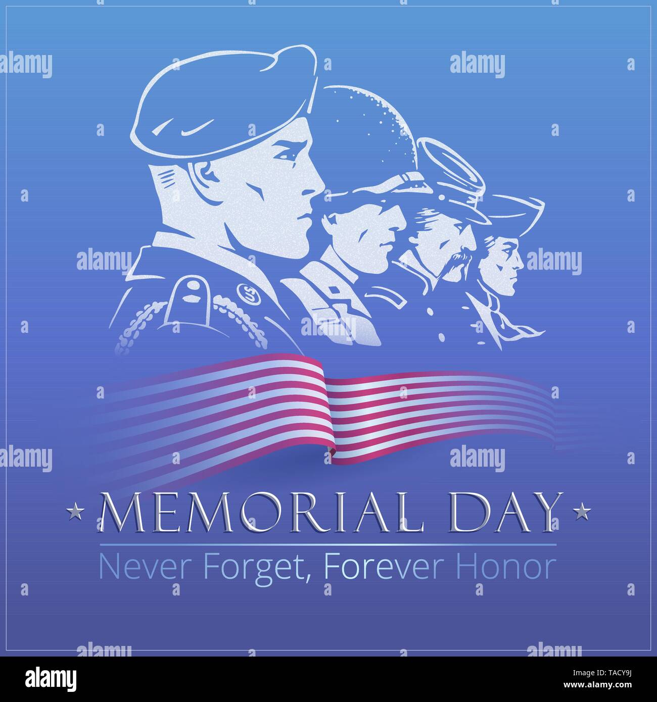 Memorial Day. Blue vector Plakat mit einem Gesichter der amerikanischen Soldaten. Rang von profil portraits. Airborne Fallschirmjäger, Marine, rifleman und minuteman Stock Vektor