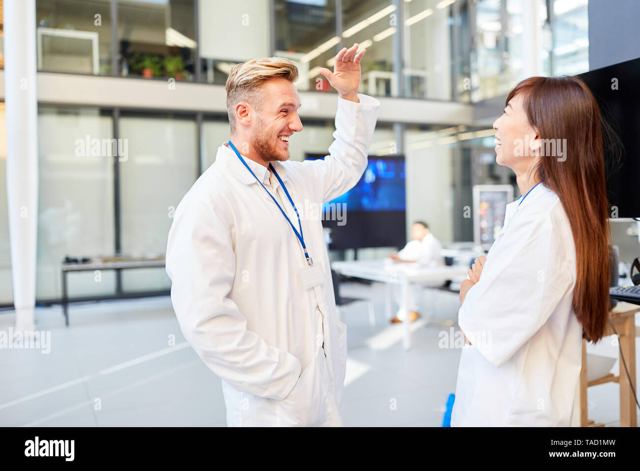 Junge Arzt macht Small Talk mit eine asiatische Frau Arzt in einem Forschungsprojekt Stockfoto