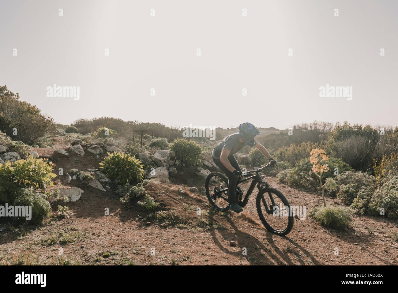 Spanien, Lanzarote, Mountainbiker auf einer Reise in Wüstenhaft Landschaft Stockfoto
