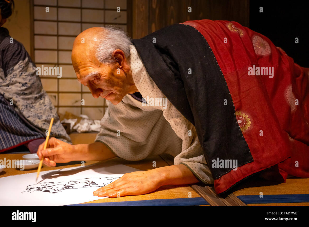 Tokyo, Japan - 25 April 2018: Ansicht einer animatronic Abbildungen des Ukiyo-e Künstler (japanische Farbholzschnitte), Katsushika Hokusai und seine Tochter O Stockfoto