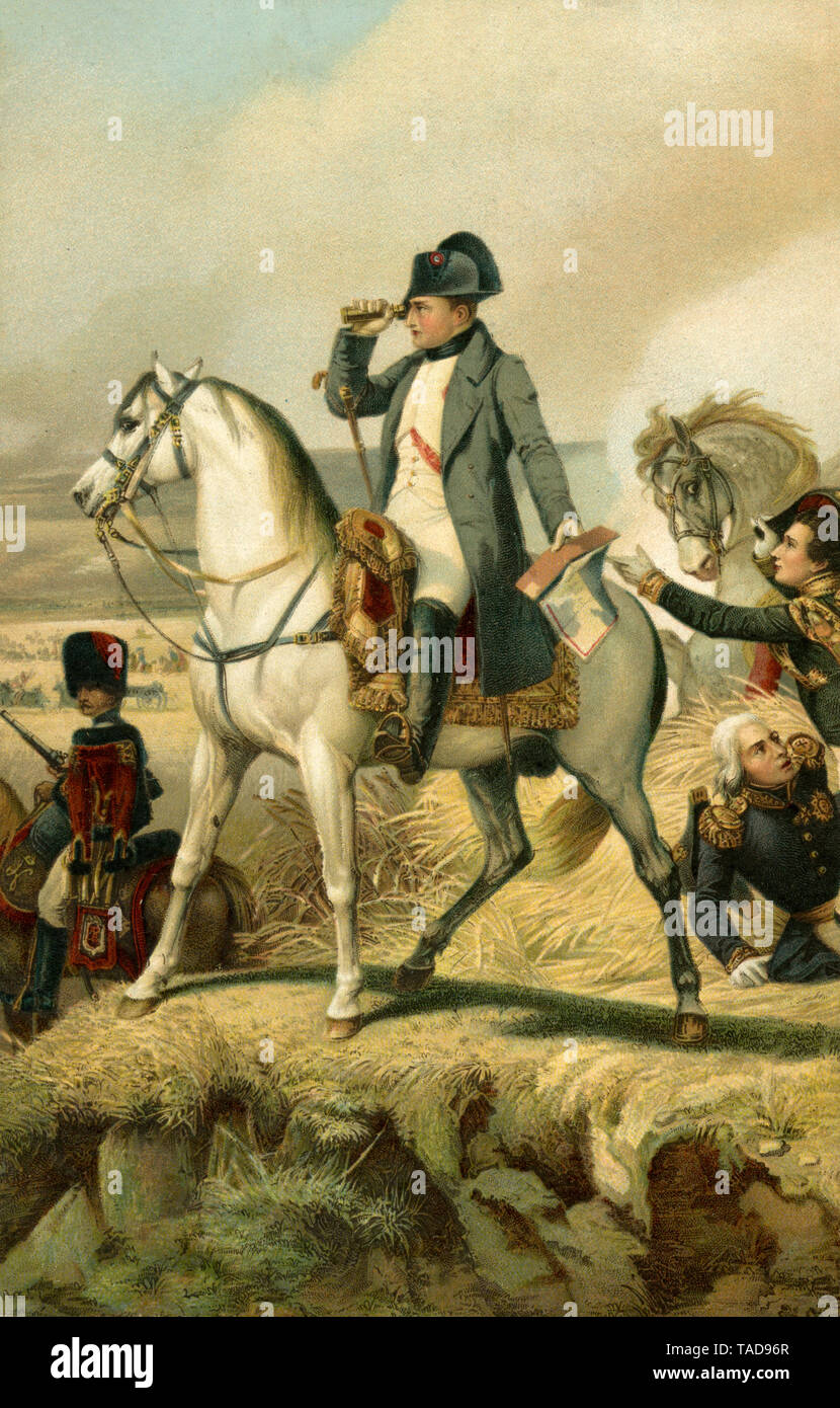 Napoleon Bonaparte zu Pferd in der Schlacht bei Wagram, Juli 1809. Malerei nach H. Vernet (Detail), (Postkarte) Stockfoto