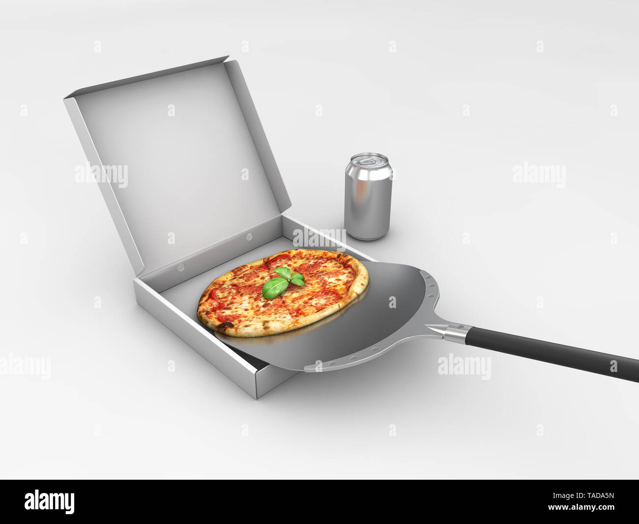 3D-Darstellung der Pizza in einem Karton, Pizza Lieferung. Pizza Menü Stockfoto