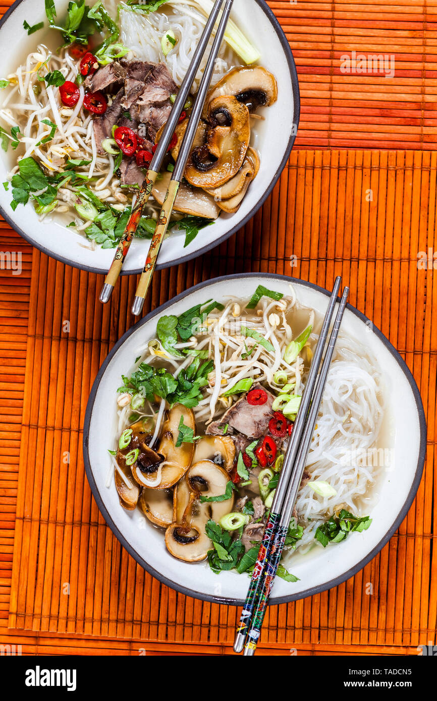 Reis vietnamesische Nudelsuppe mit Pilzen und Rindfleisch Stockfoto