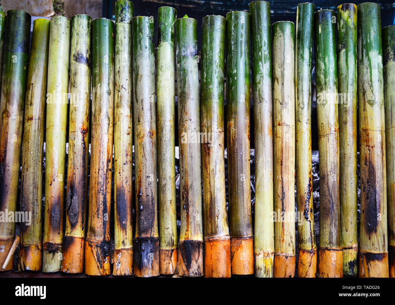 Klebreis gerstet in Bambus Gelenke/thailndisches Dessert mit klebrigem  Reis in Kokosmilch und Zucker, grner Bambus Rohr getrnkt Brennen am  Lagerfeuer Stockfotografie - Alamy