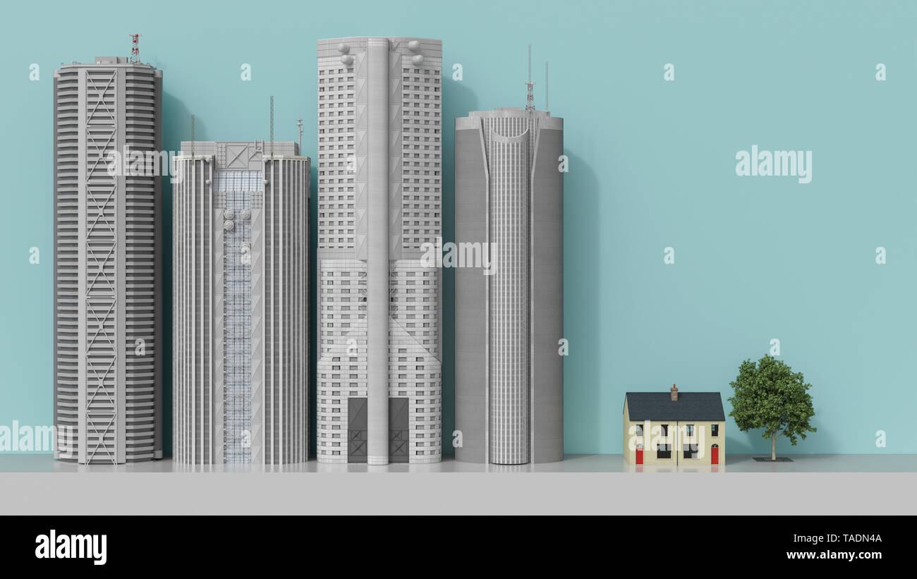 3D-Rendering, Wohnhaus Wolkenkratzer mit Blick auf Stockfoto