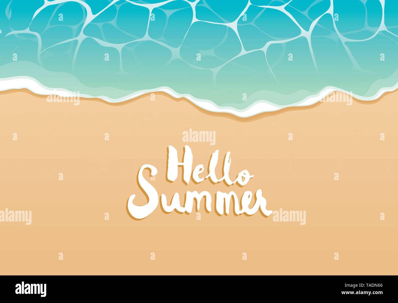 Hallo Sommer Strand top view Reisen und Ferien Hintergrund. Verwenden Sie für Banner Vorlage, Grußkarte, Einladung, Meer und Sand Poster. Stock Vektor