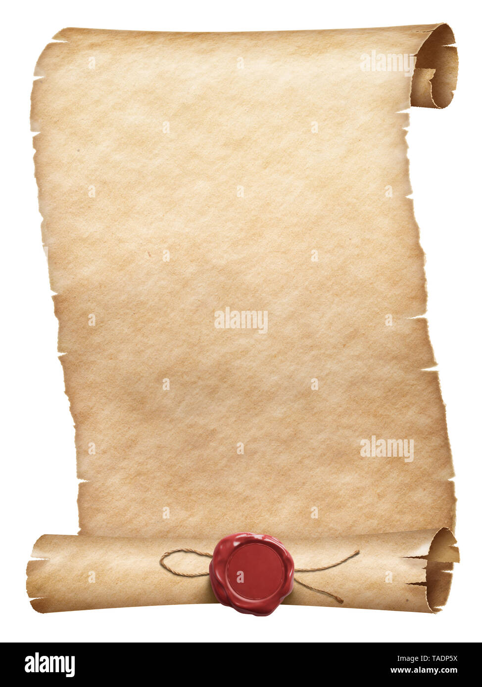Alte Pergament blättern mit Wachssiegel isoliert auf weißem Stockfoto