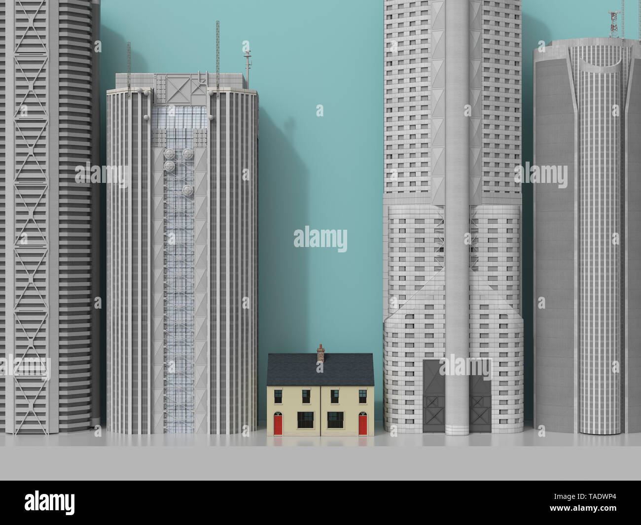 3D-Rendering, Wohnhaus sqeezed zwischen Wolkenkratzern Stockfoto