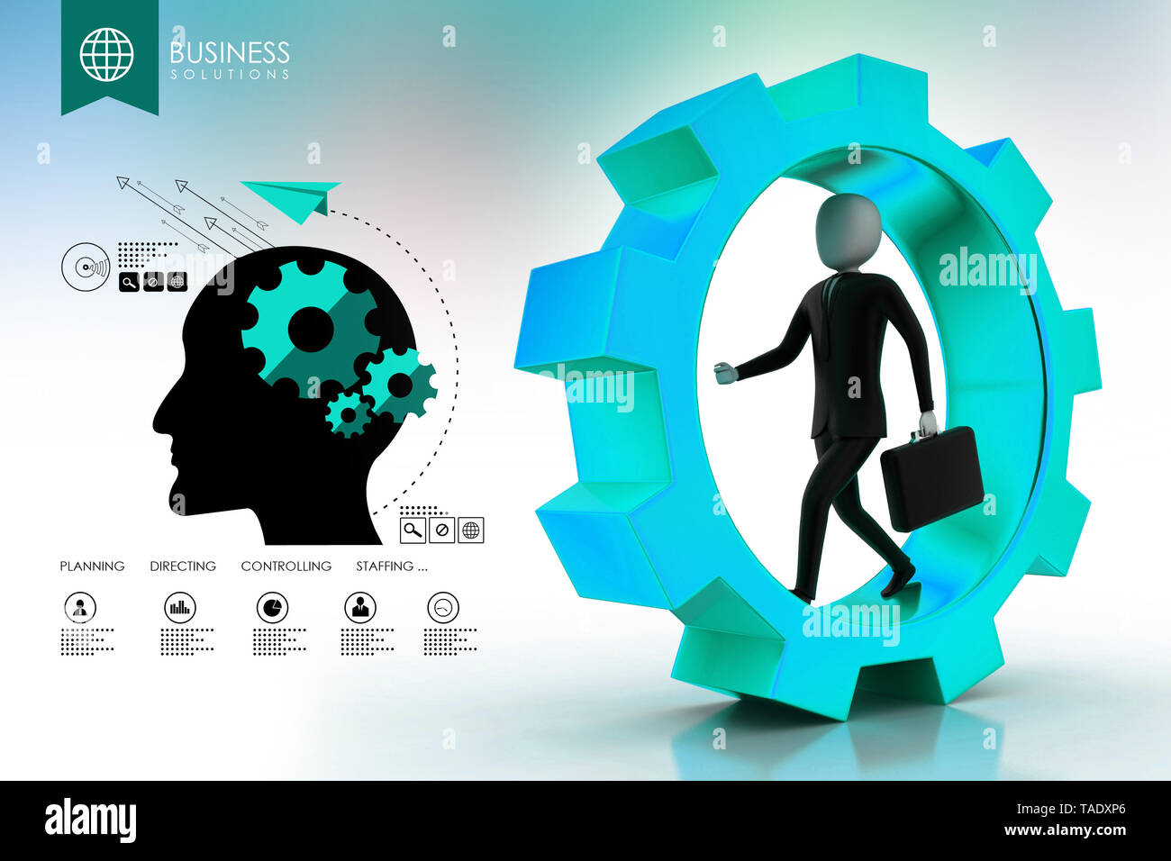 Business-Mann läuft in Zahnräder Stockfoto