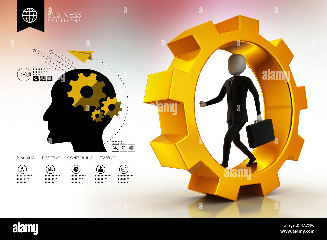 Business-Mann läuft in Zahnräder Stockfoto