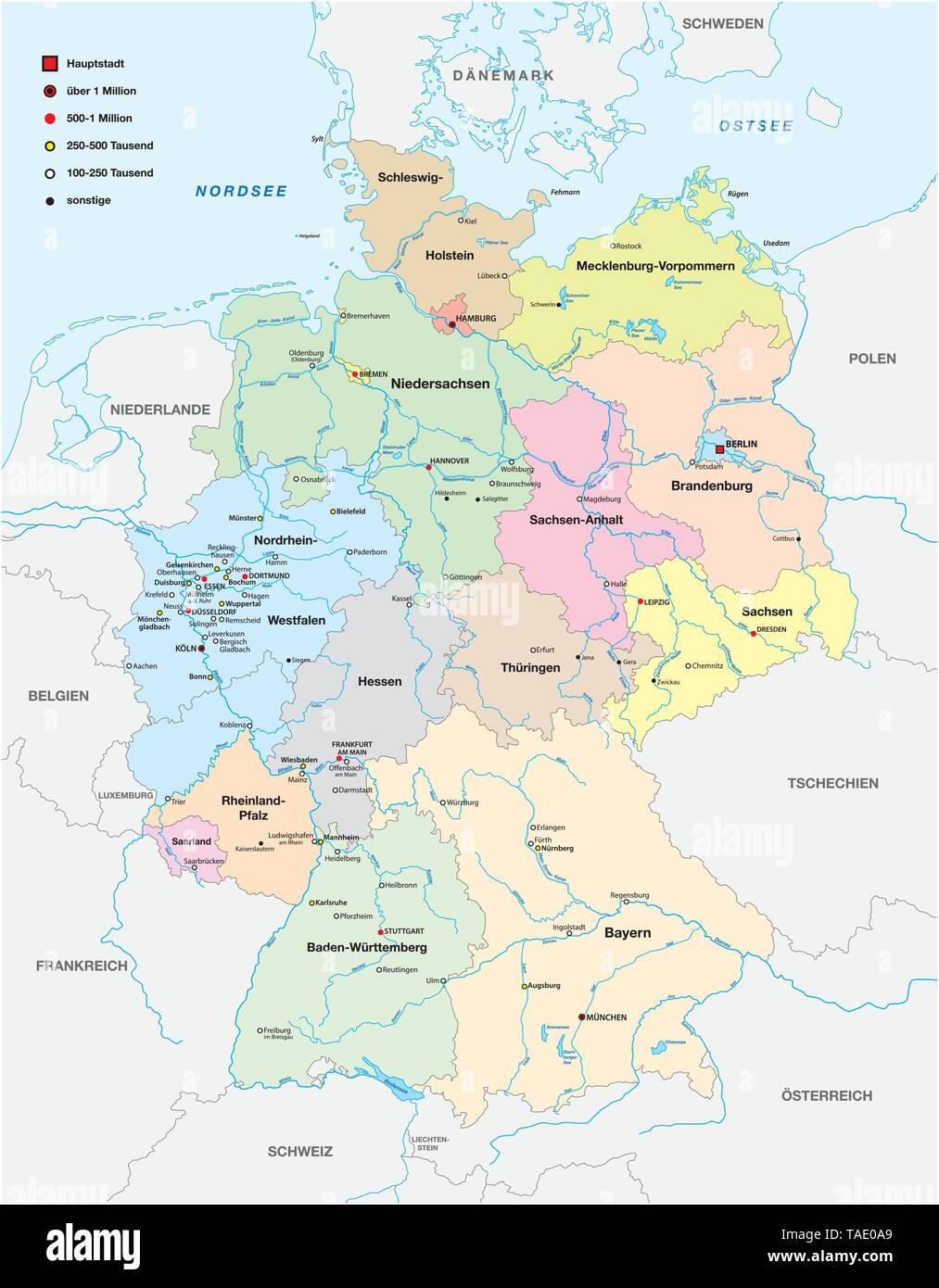 Karte von Deutschland mit allen Städten über hundert tausend Einwohner in deutscher Sprache Stock Vektor