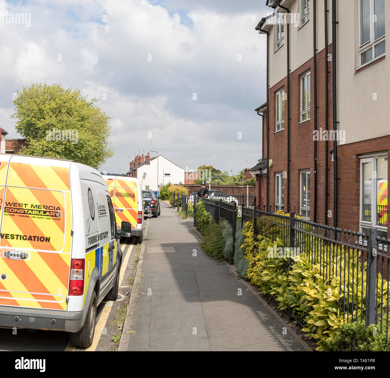 Kidderminster, Großbritannien, 24. Mai, 2019. West Mercia Polizei sind auf der Hut vor einem Hotel in Kidderminster, wo der Körper eines Mannes in den Vierzigern letzte Nacht entdeckt wurde. Ein 48-jaehriger Mann wurde verhaftet wegen des Verdachts auf Mord und polizeiliche Ermittlungen sind weiterhin im Gange. Lee Hudson/Alamy leben Nachrichten Stockfoto