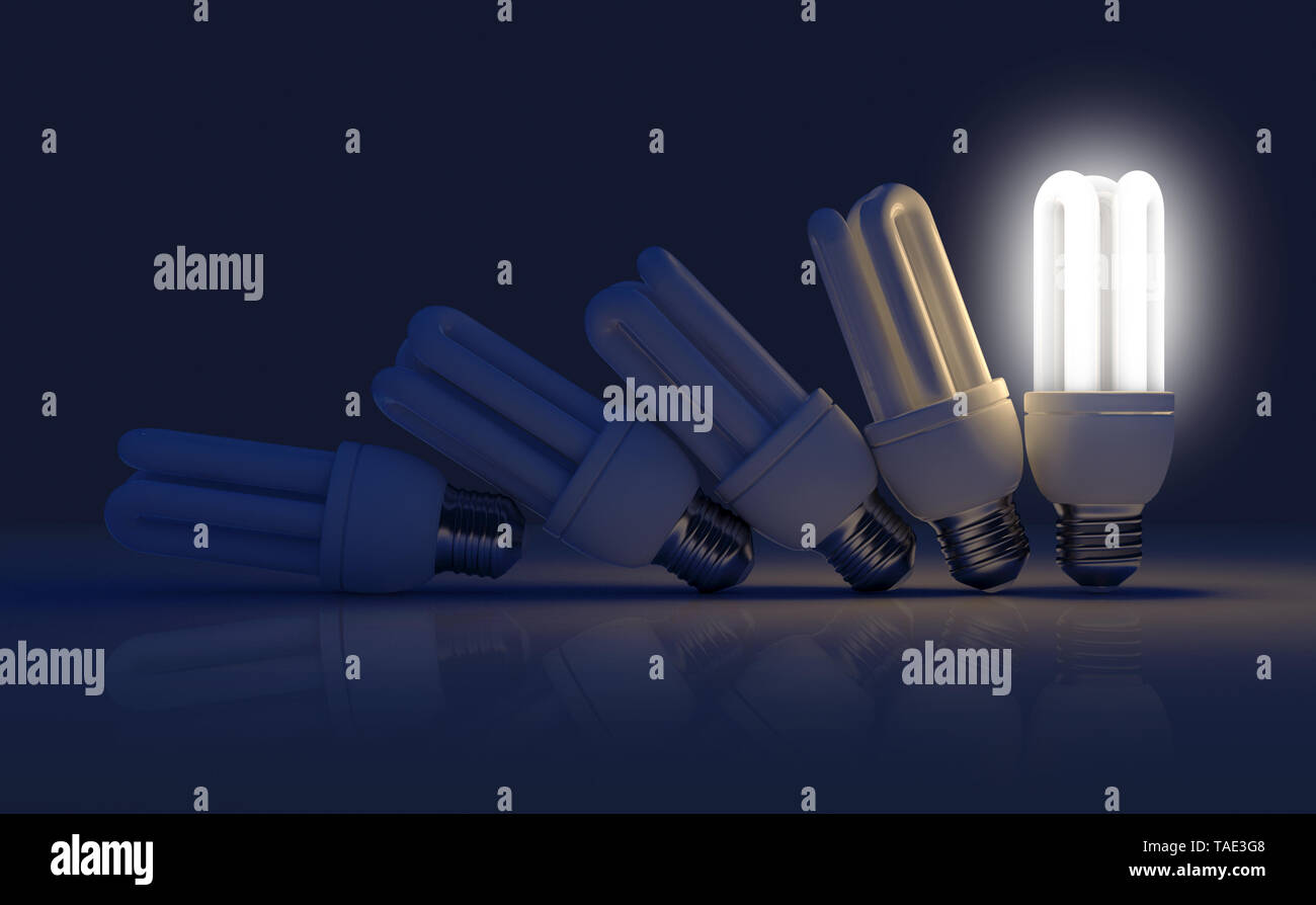 Eine Zeile des Stürzens Leuchtstoff Glühlampen in der Reihenfolge mit einem einzelnen beleuchtet - 3D-Rendering Stockfoto